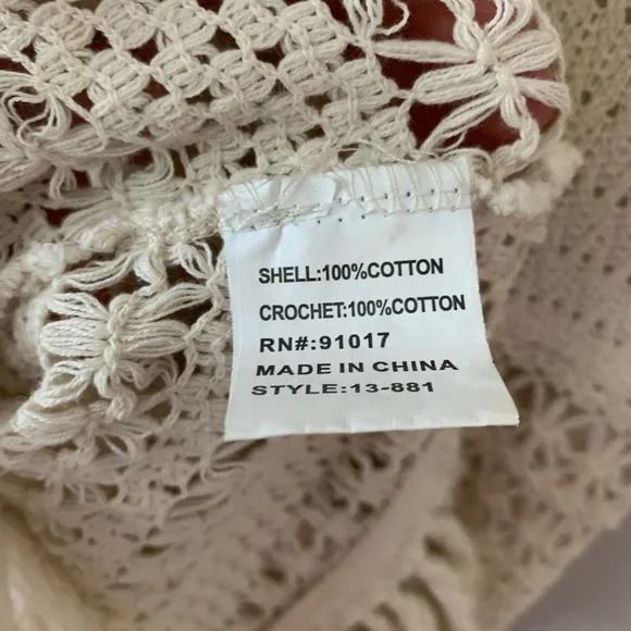 Solitaire Swim Crochet Fringed Cream Cotton Swim Coverup - Picture 10 of 14
